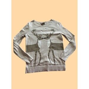 LOFT  Holiday Kissing Reindeer Hearts 100% Cotton Lightweight Sweater Winter M